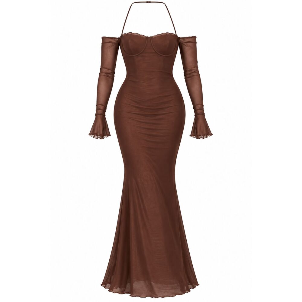 Parthea Women's brown maxi dress with sheer sleeves, size L